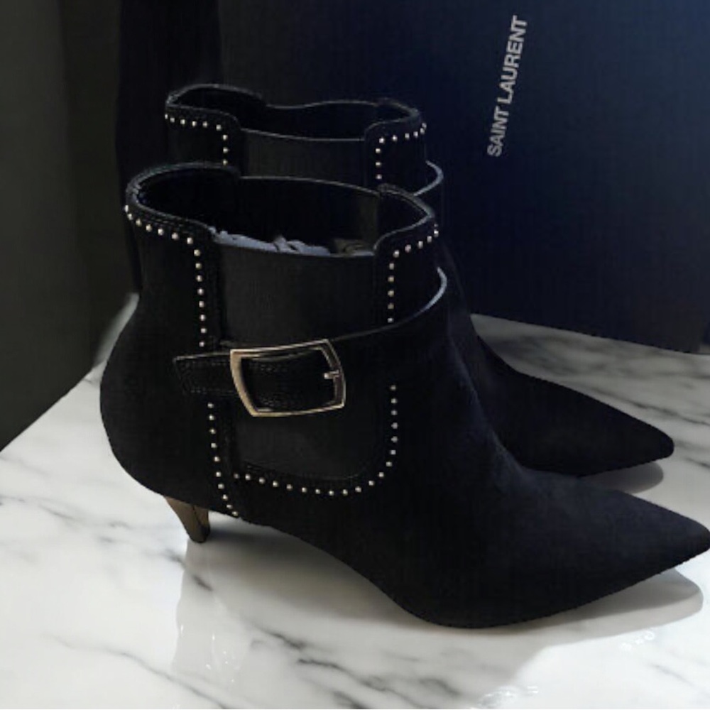 Saint Laurent Black Suede Studded Ankle Boots Size 41